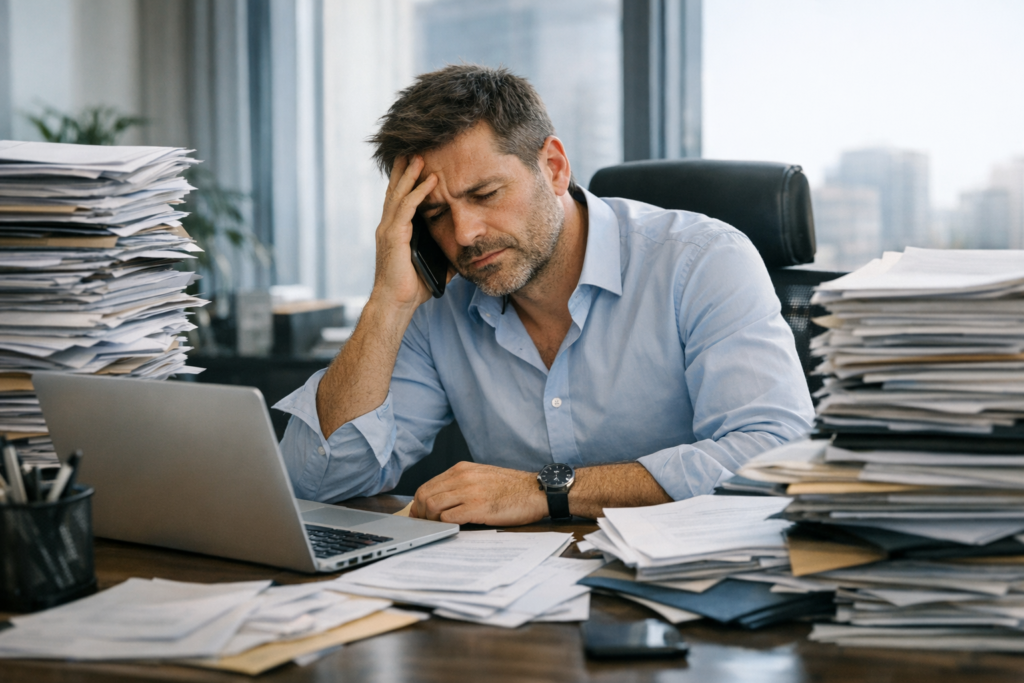 Entrepreneur débordé assis à un bureau moderne, entouré de piles de papiers, laptop et téléphone visibles.