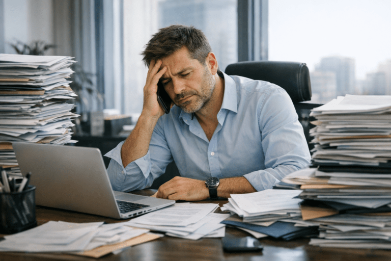 Entrepreneur débordé assis à un bureau moderne, entouré de piles de papiers, laptop et téléphone visibles.