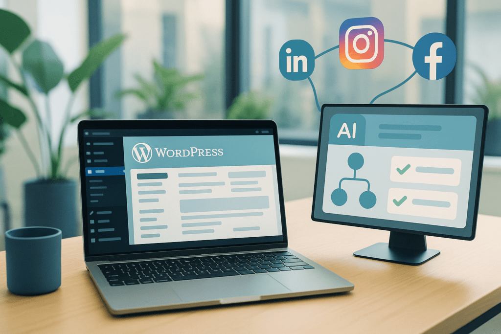 Illustration : un agent IA pilote WordPress et la diffusion sur les réseaux sociaux via des workflows automatisés.