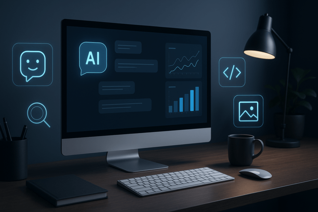 Illustration représentant plusieurs usages de l’intelligence artificielle : chat, recherche, code, image et analyse de données.
