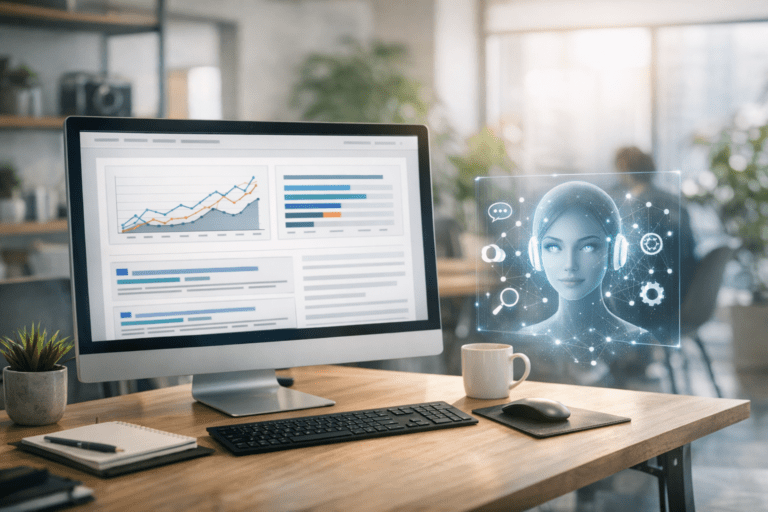 Écran d’ordinateur avec graphiques SEO et interface d’assistant IA dans un bureau lumineux