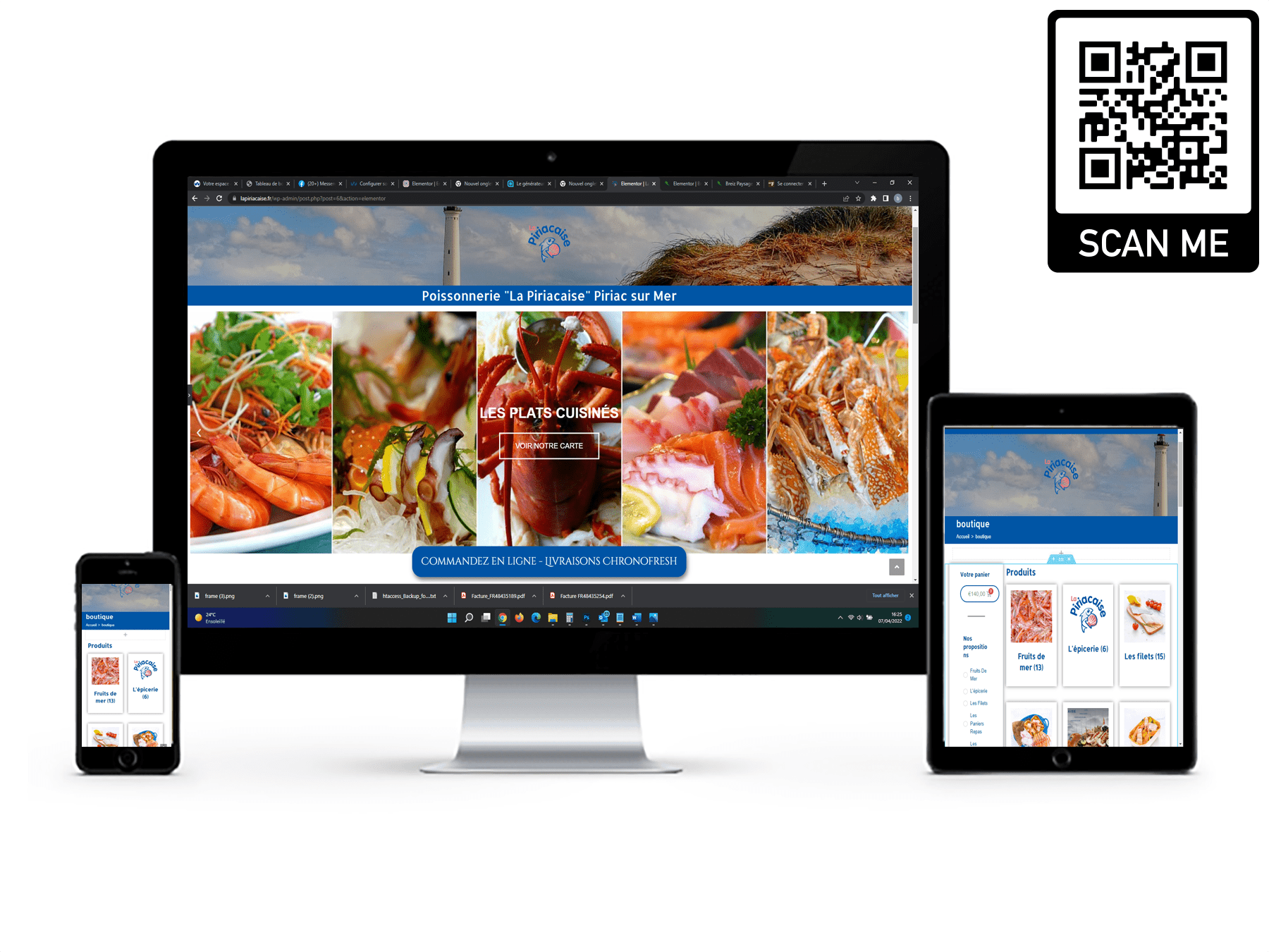 Site e-commerce sur mesure d'une poissonnerie affiché sur ordinateur, tablette et mobile avec QR code