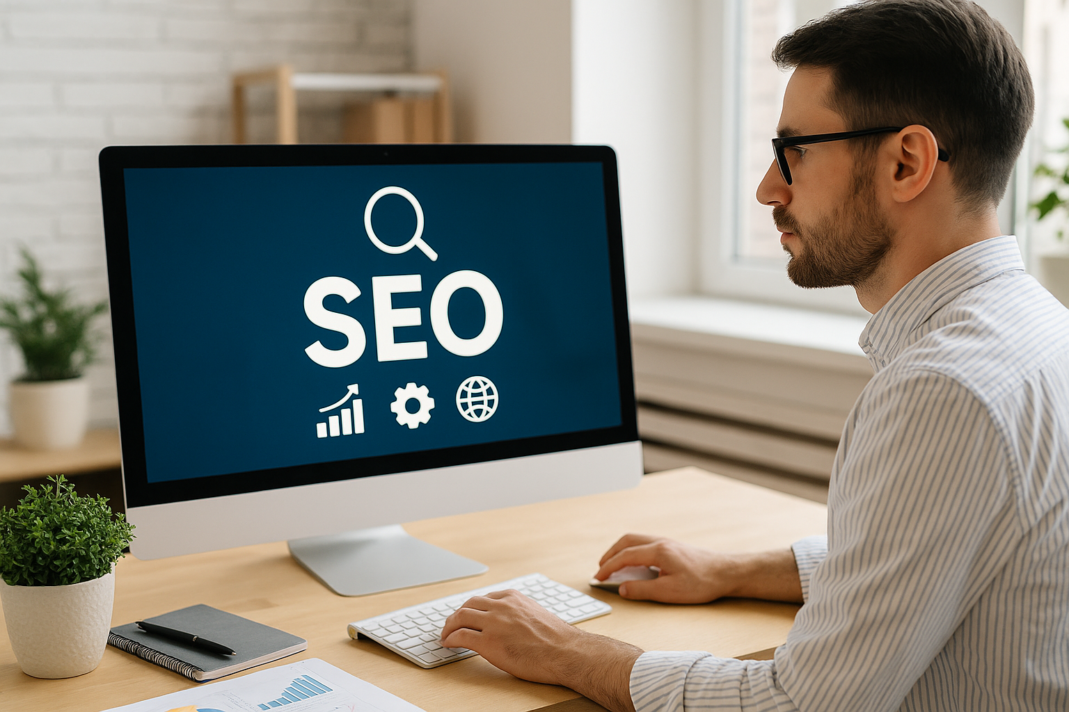 Homme travaillant sur un écran affichant le mot SEO et des icônes de référencement naturel