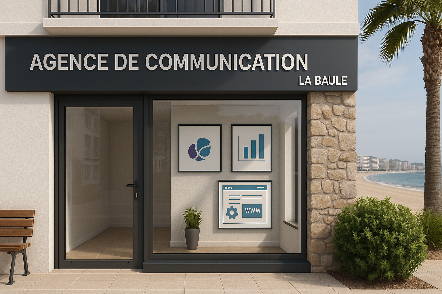 Vitrine d'une agence de communication à La Baule avec affiches web et graphiques de performance