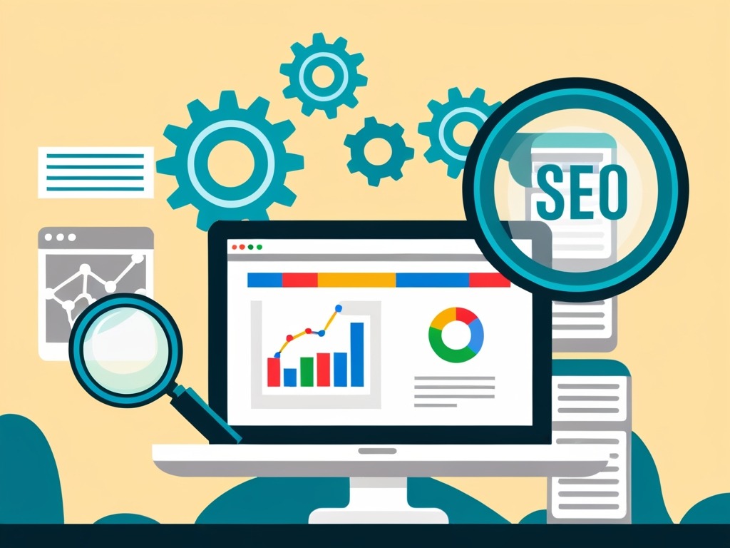 Illustration du référencement SEO avec ordinateur, statistiques et loupe symbolisant l'analyse de site web
