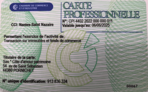 Carte professionnelle CCI du cabinet Côte d'Amour Patrimoine autorisant les transactions sur immeubles et fonds de commerce
