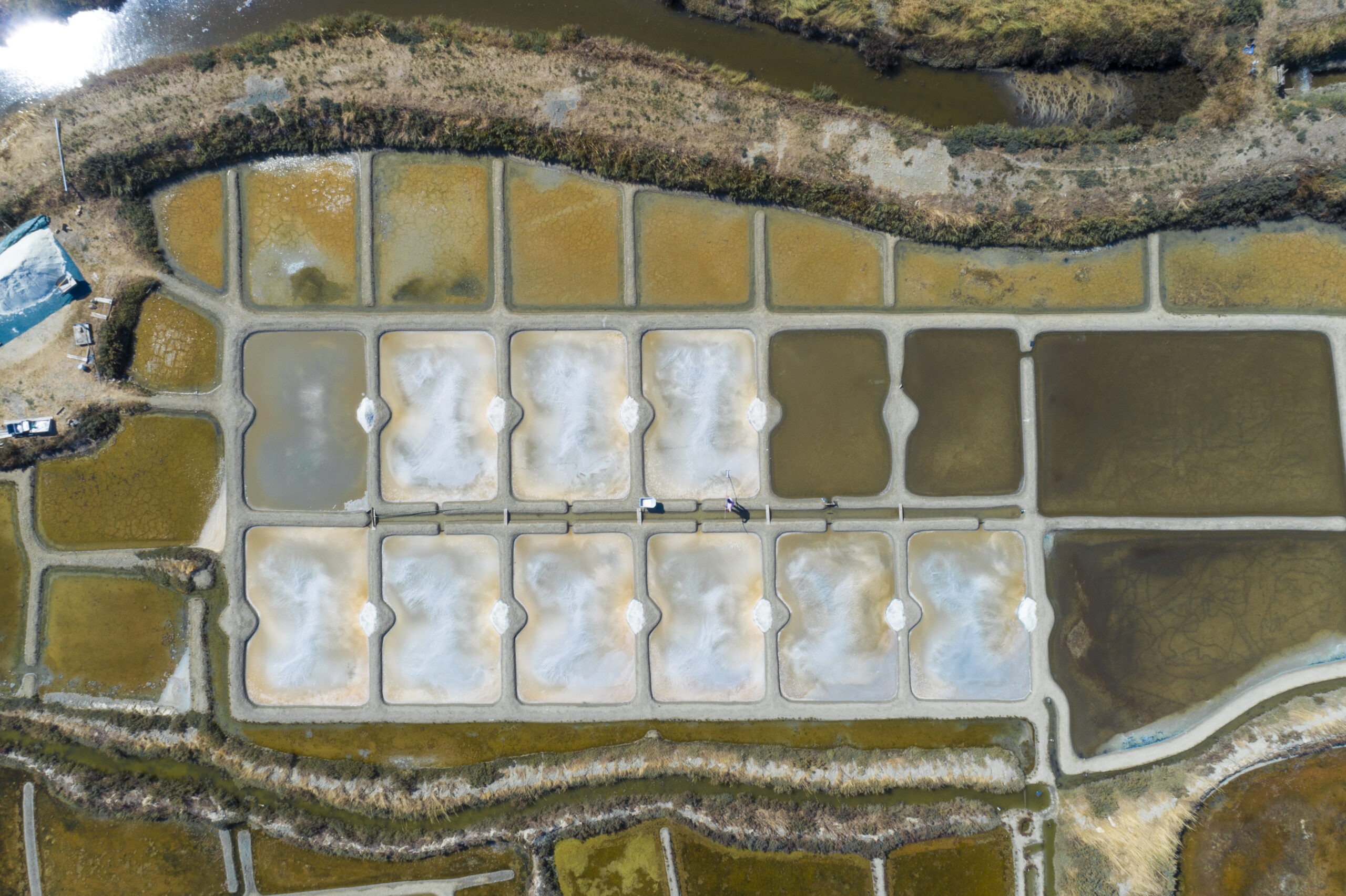 Vue aérienne des œillets de sel du marais salant de Guérande exploité par L'Écrin de Sel
