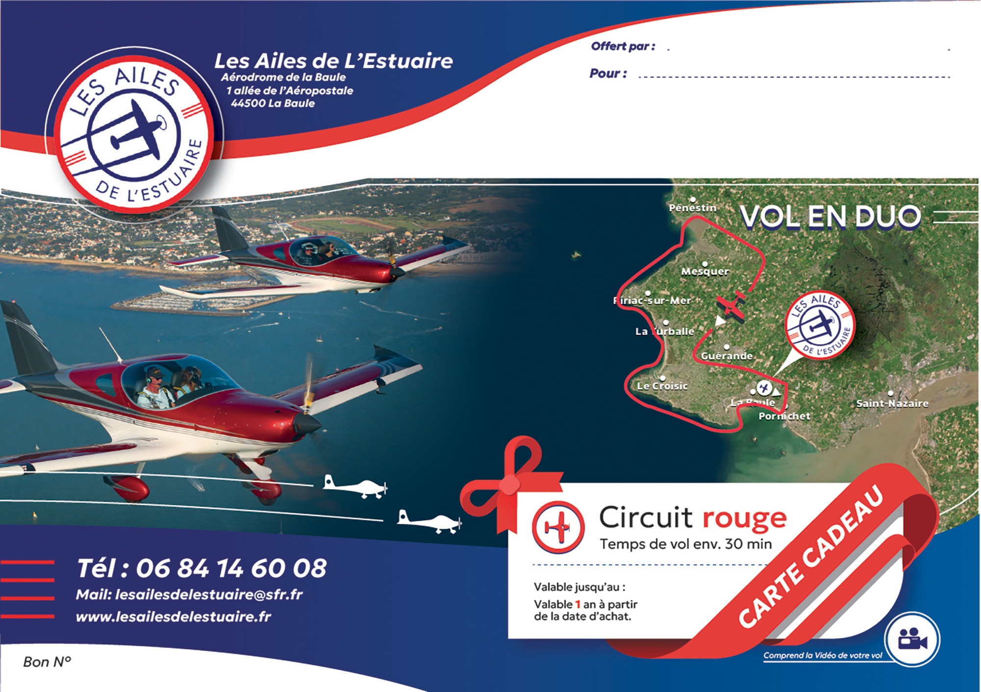 Carte cadeau vol en duo Les Ailes de l'Estuaire avec carte de la Presqu'île Guérandaise
