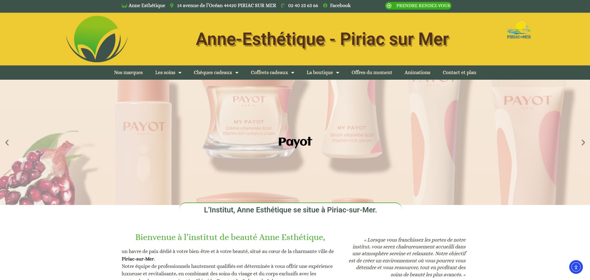 Page d'accueil du site internet institut de beauté Anne Esthétique à Piriac-sur-Mer