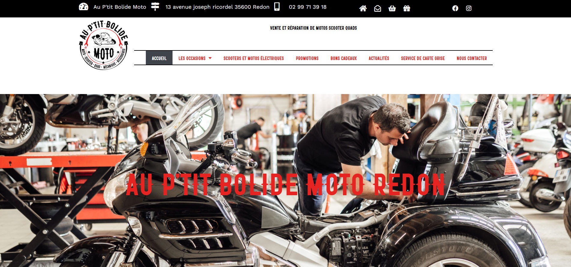 Page d'accueil du site internet d'Au P'tit Bolide Moto, garage moto à Redon