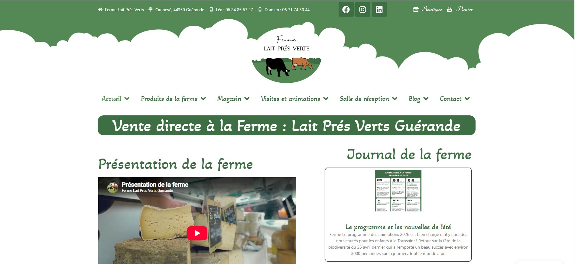 Page d'accueil du site internet de la Ferme Lait Prés Verts à Guérande créé par Clicinfo-Web