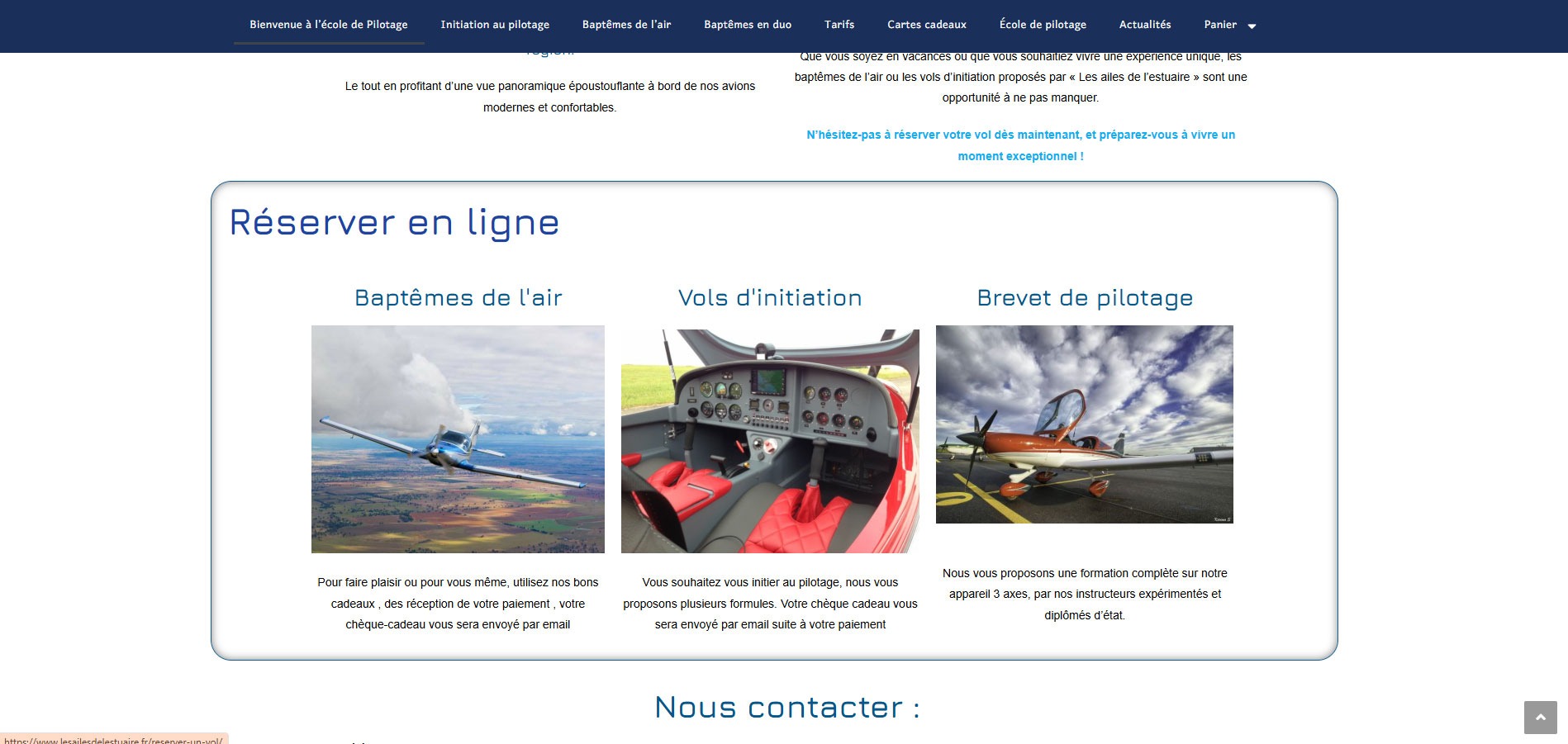 Page de réservation en ligne du site de l'école de pilotage Les Ailes de l'Estuaire