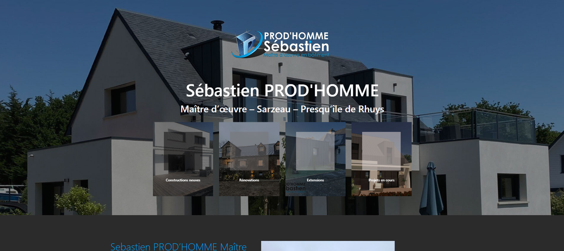 Page d'accueil du site internet de Sébastien Prod'homme, maître d'oeuvre à Sarzeau