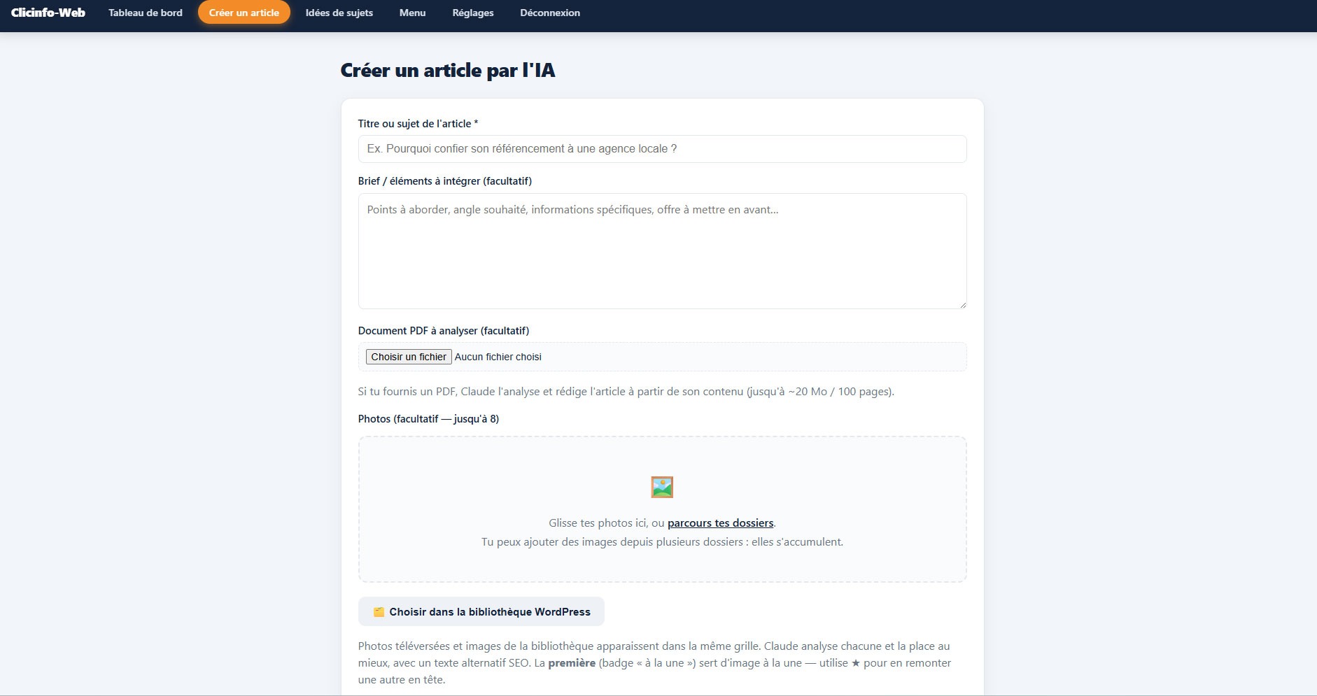 Ajout de photos et gestion des images dans l'application de gestion de site WordPress