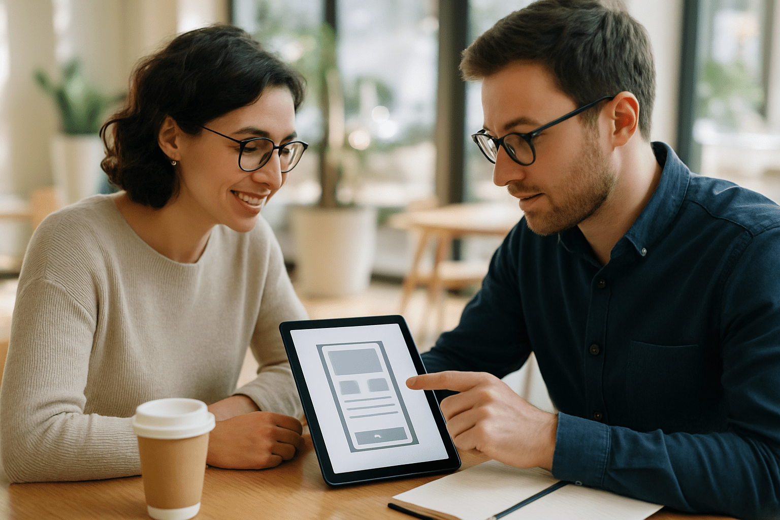 Deux collaborateurs examinant l'affichage mobile d'un site internet moderne sur une tablette