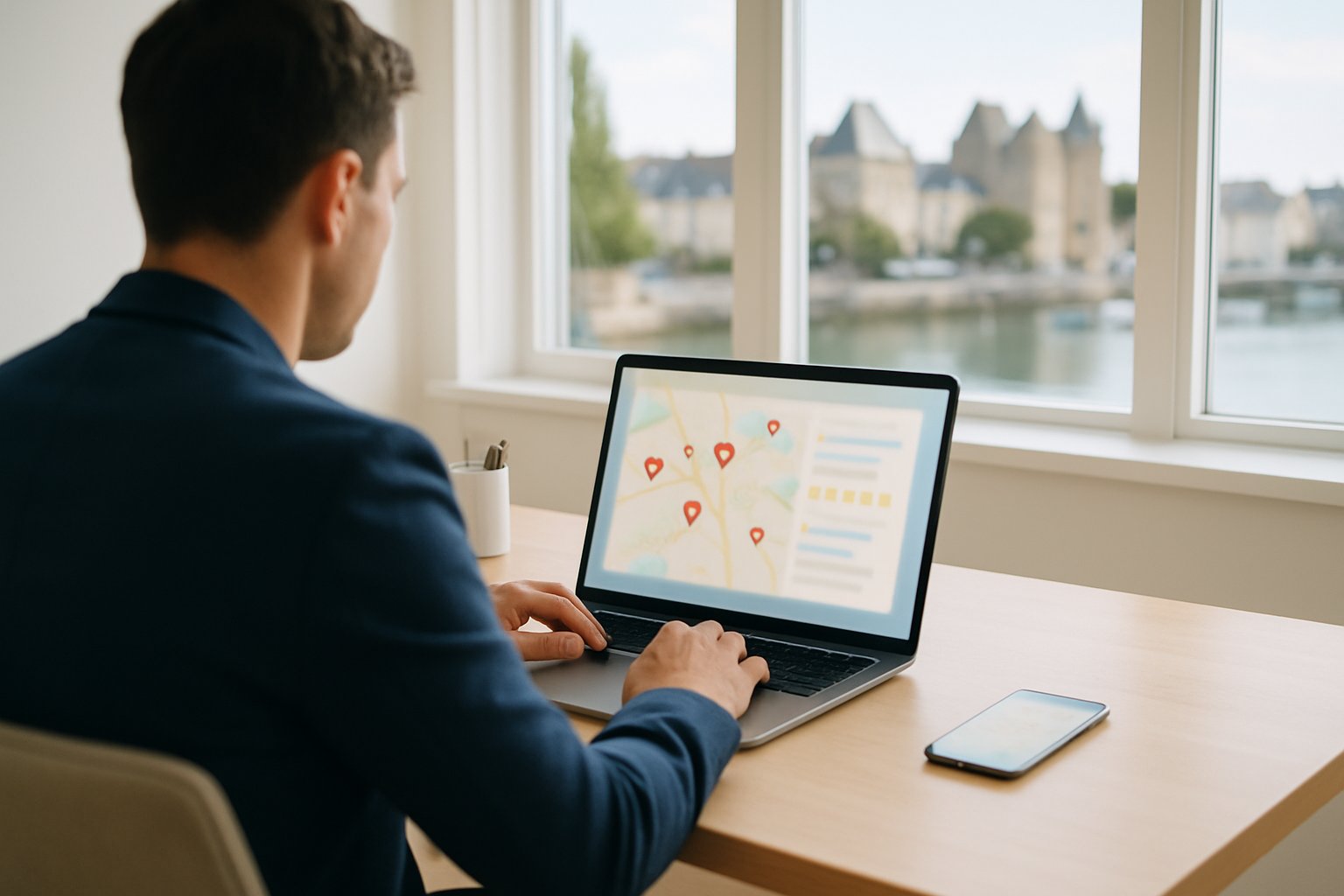 Professionnel consultant une carte Google Maps avec plusieurs établissements repérés autour de Vannes