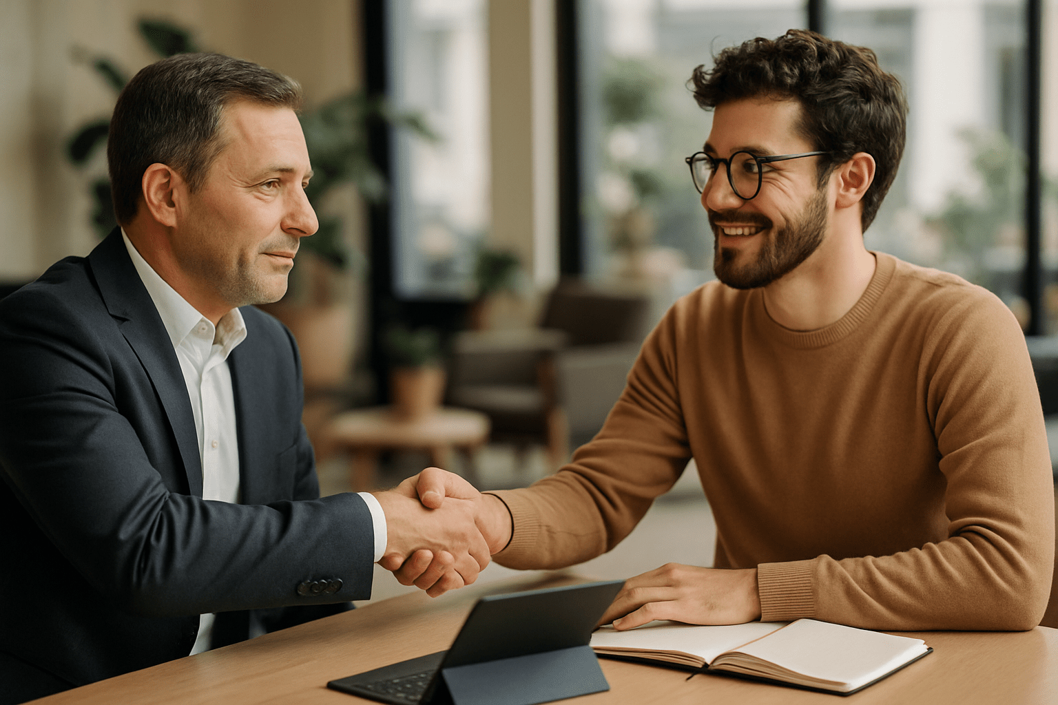 Poignée de main entre un client et son interlocuteur unique chez une agence web locale