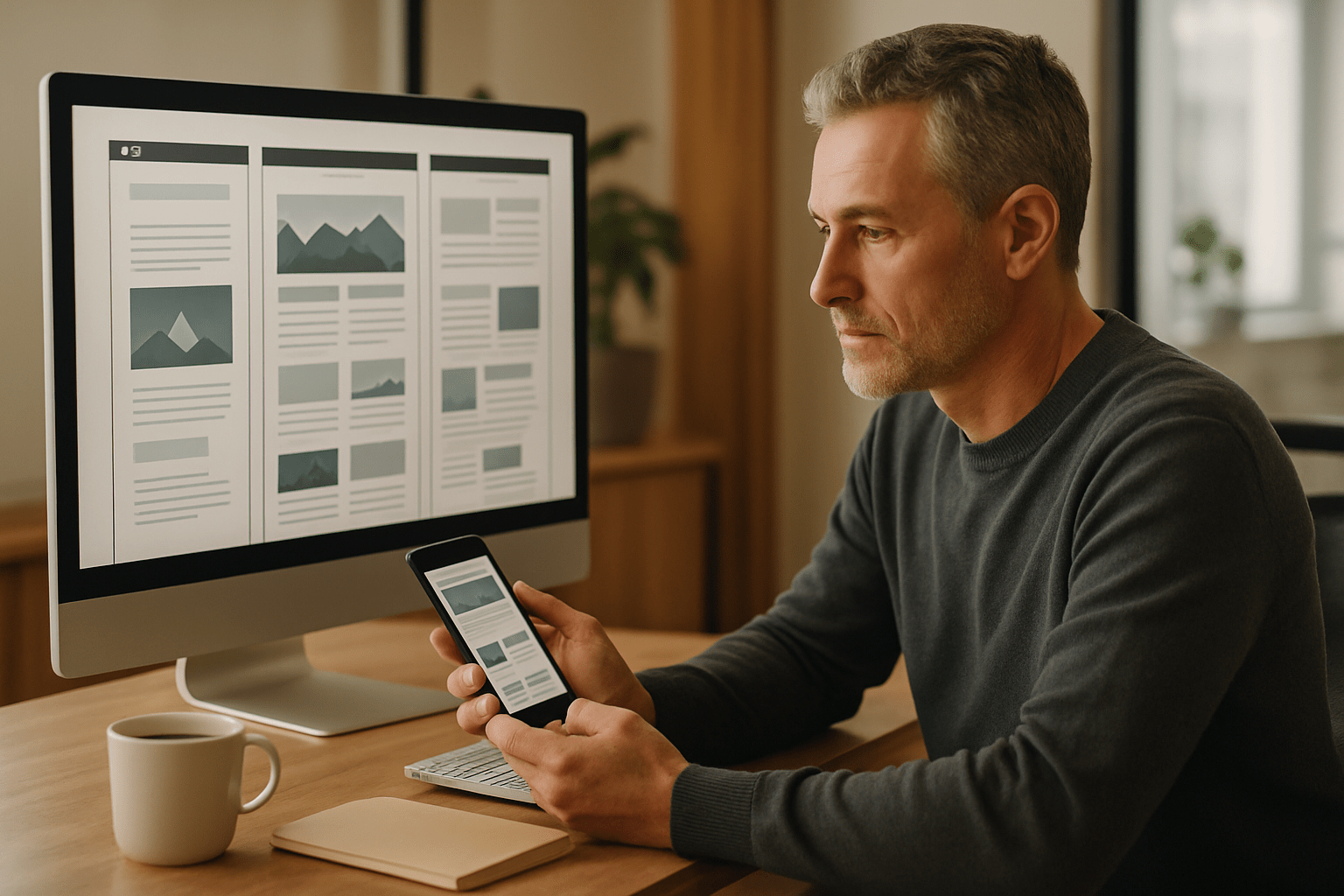 Homme consultant sur ordinateur et smartphone le suivi annuel de son site internet