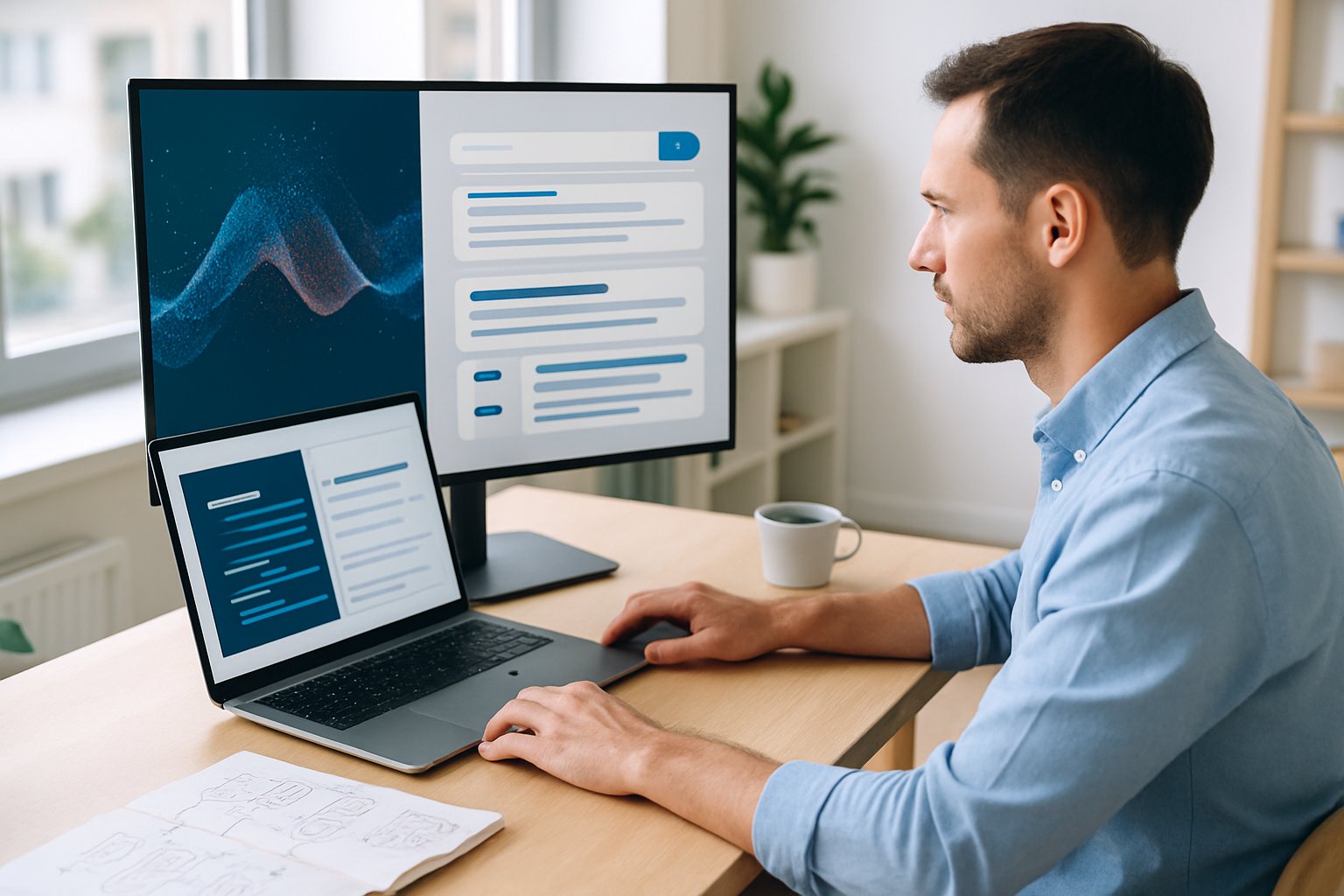 Homme travaillant sur double écran affichant une interface de conversation avec une intelligence artificielle générative