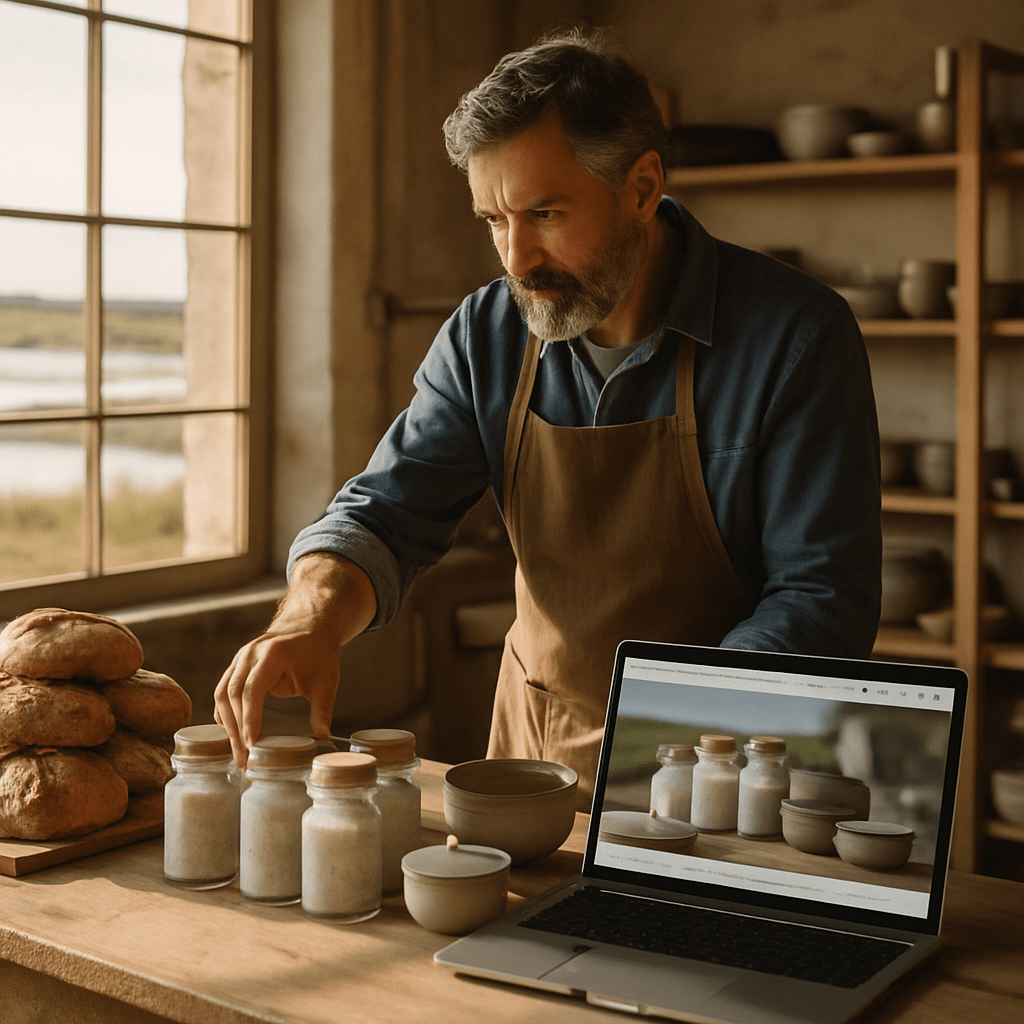 Producteur local disposant ses pots artisanaux devant son site internet ouvert sur son ordinateur
