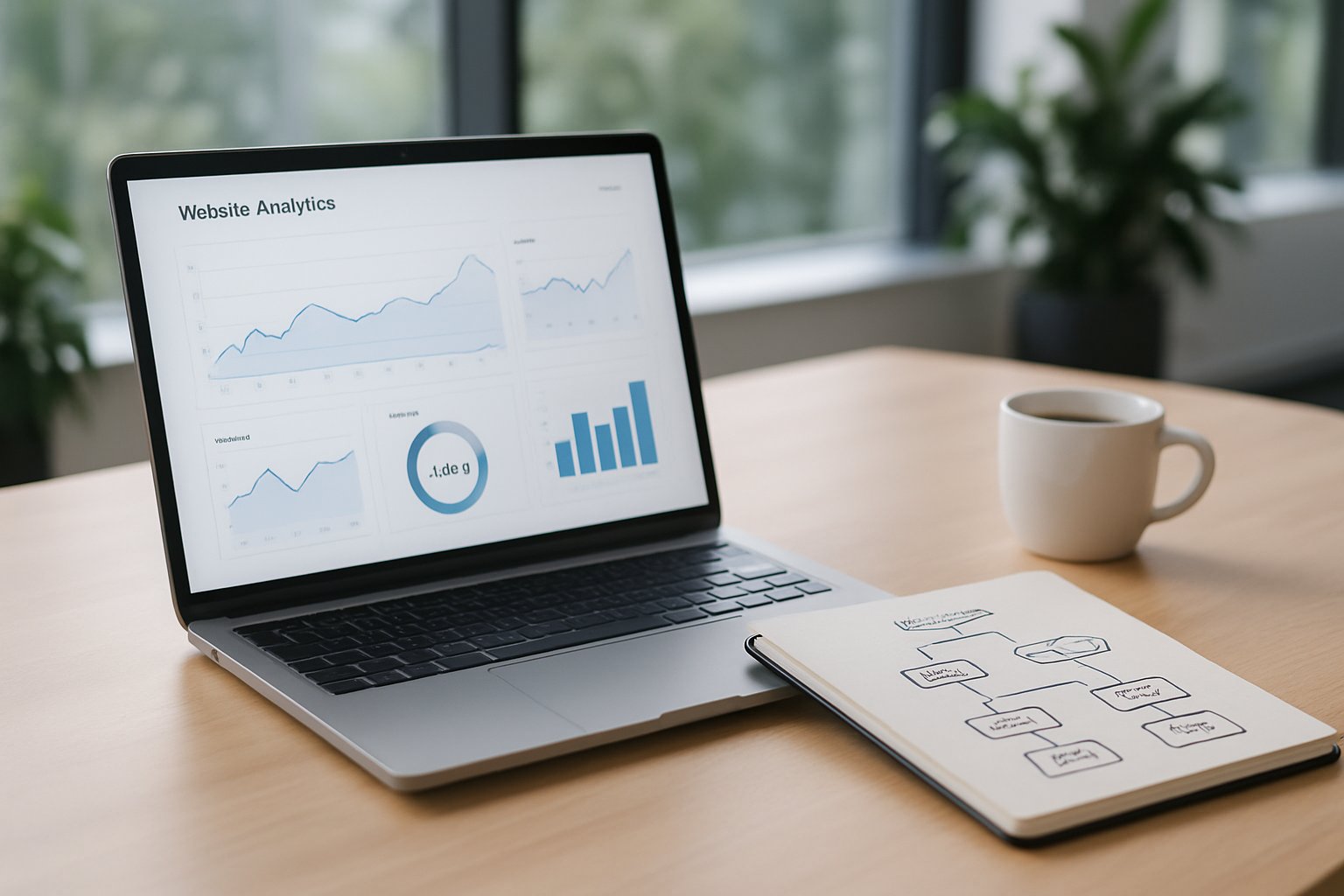 Ordinateur portable affichant des statistiques de site web à côté d'un carnet de notes avec schéma de structuration de contenu