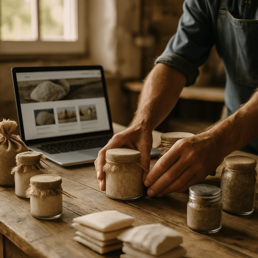 Artisan rangeant des pots faits main sur un établi en bois avec son site vitrine affiché à côté