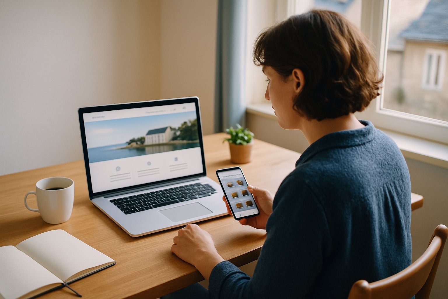 Femme consultant son site internet et sa page réseaux sociaux depuis un ordinateur et un smartphone