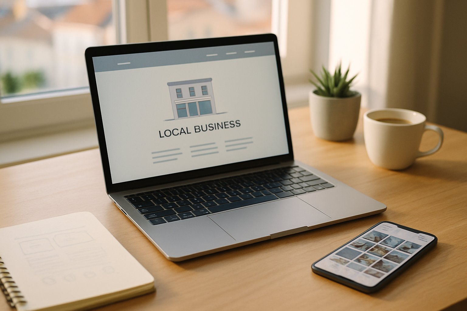 Ordinateur portable affichant une page vitrine pour une activité locale, avec smartphone à côté