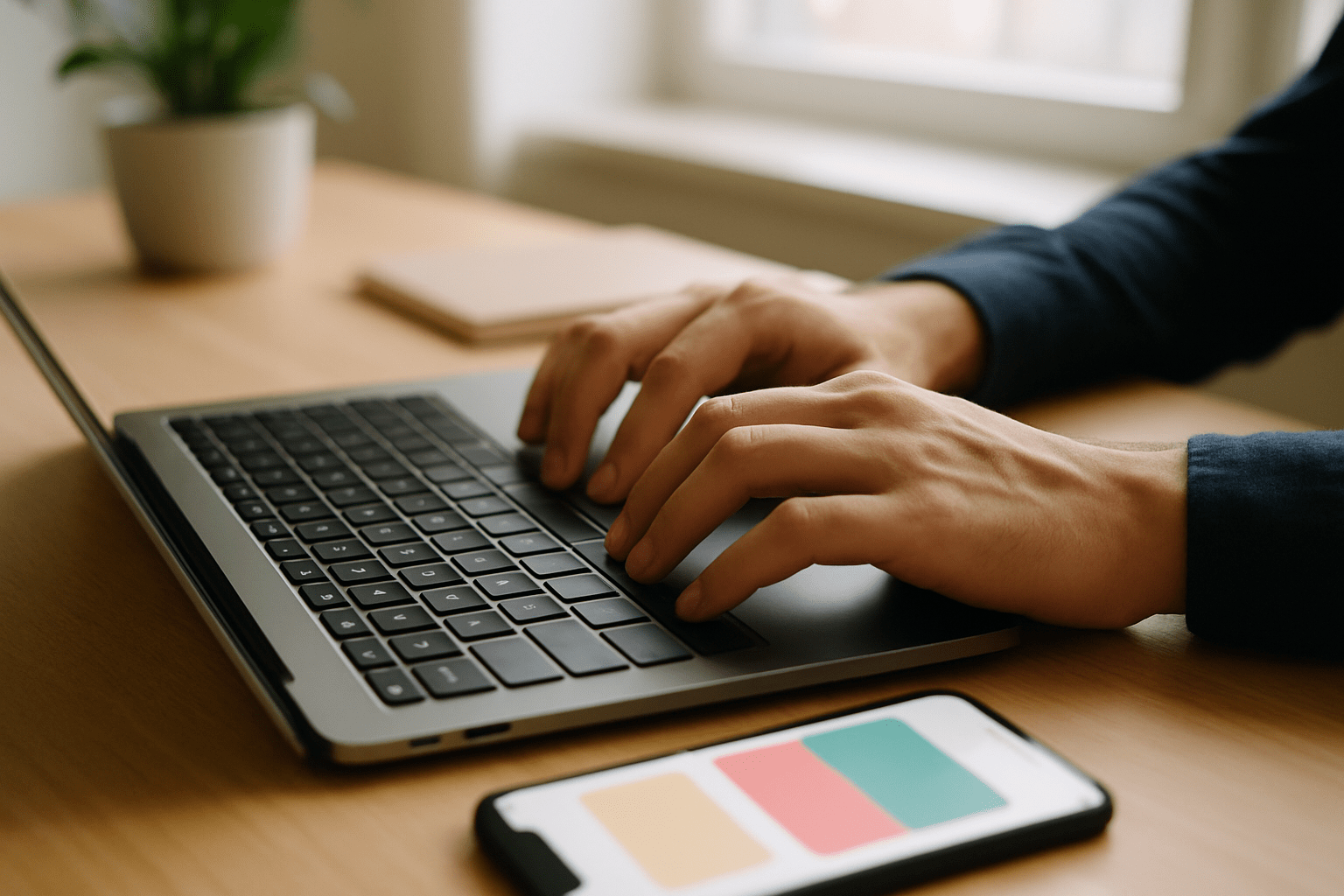 Mains sur un clavier d'ordinateur avec un smartphone affichant une nouvelle charte de couleurs pour la refonte du site