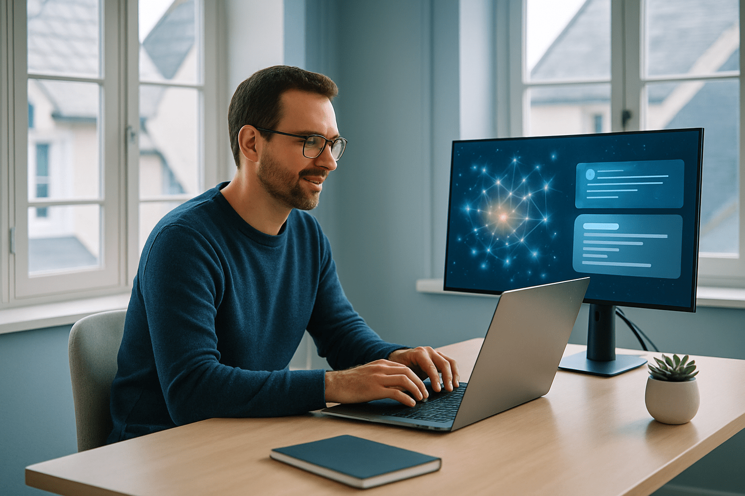 Homme travaillant sur ordinateur portable avec réseau de neurones affiché sur écran, représentation de l'intelligence artificielle appliquée au web