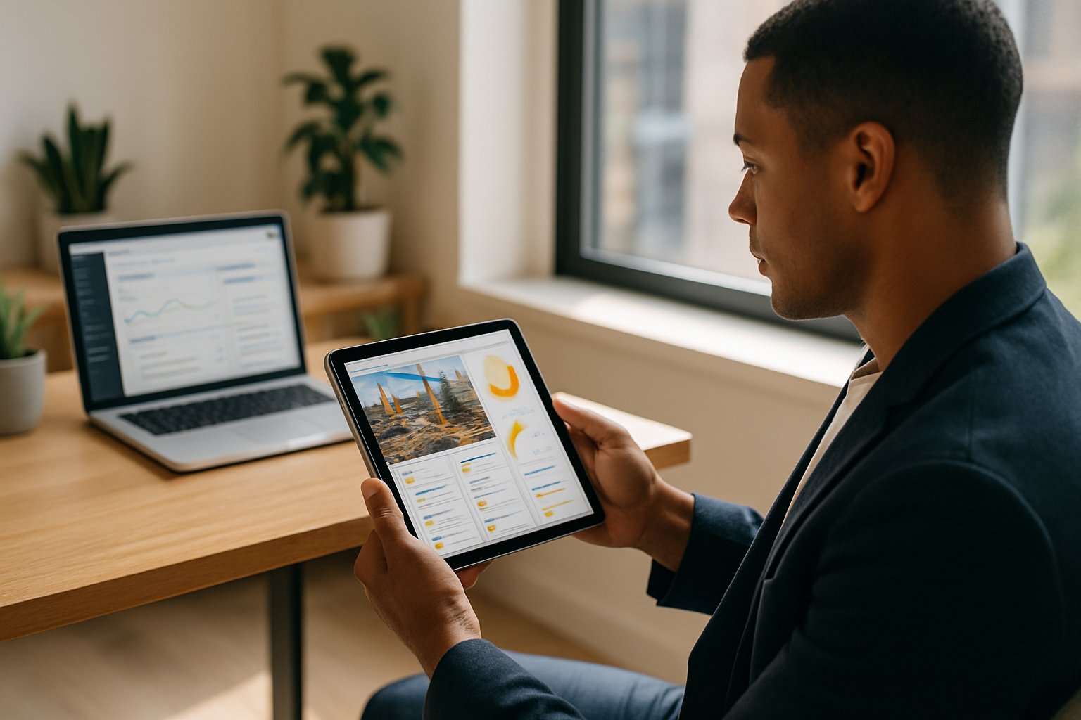 Professionnel consultant les photos et données d'un chantier sur une tablette dans un bureau