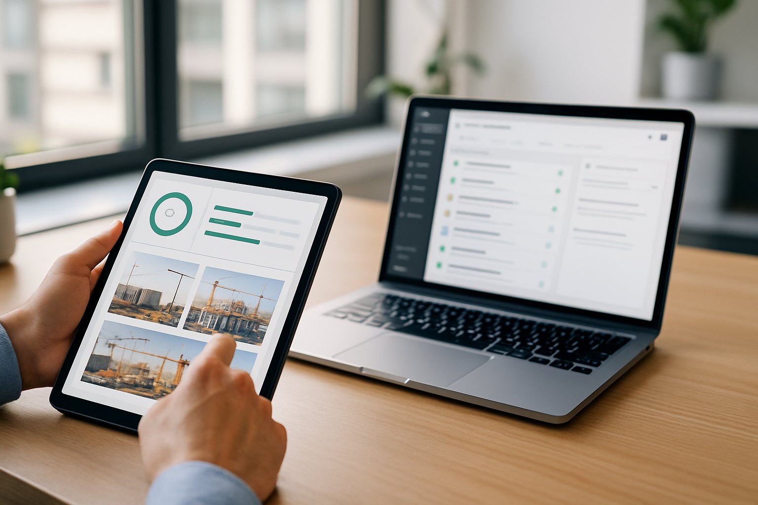 Tablette affichant les photos et le suivi d'un chantier de construction à côté d'un ordinateur portable