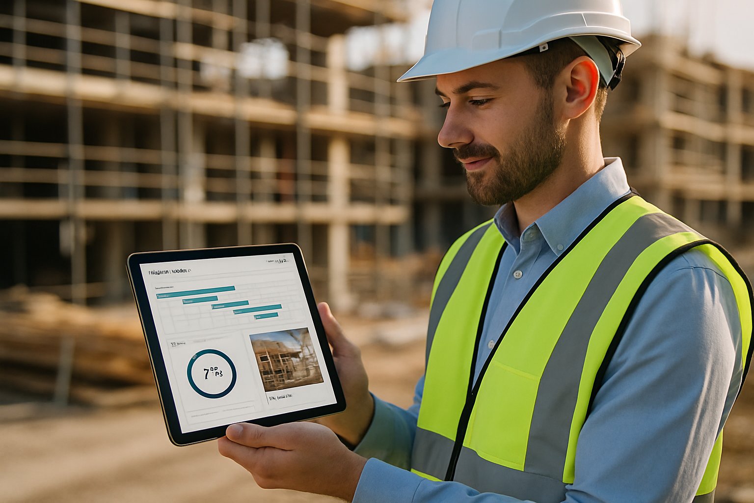 Ouvrier du bâtiment consultant le suivi de son chantier sur une tablette directement sur le terrain