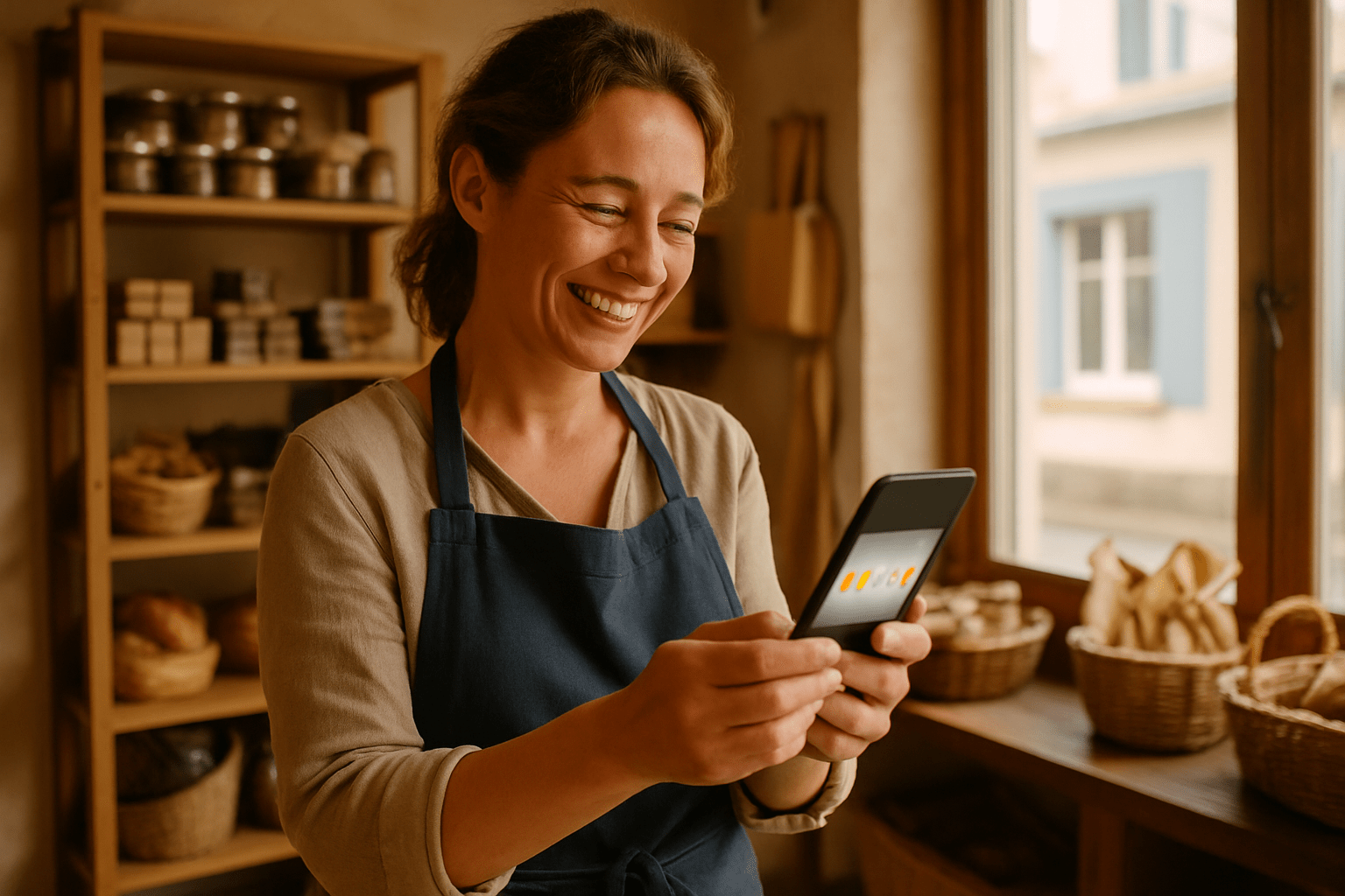 Commerçante souriante consultant ses avis clients sur son téléphone dans sa boutique