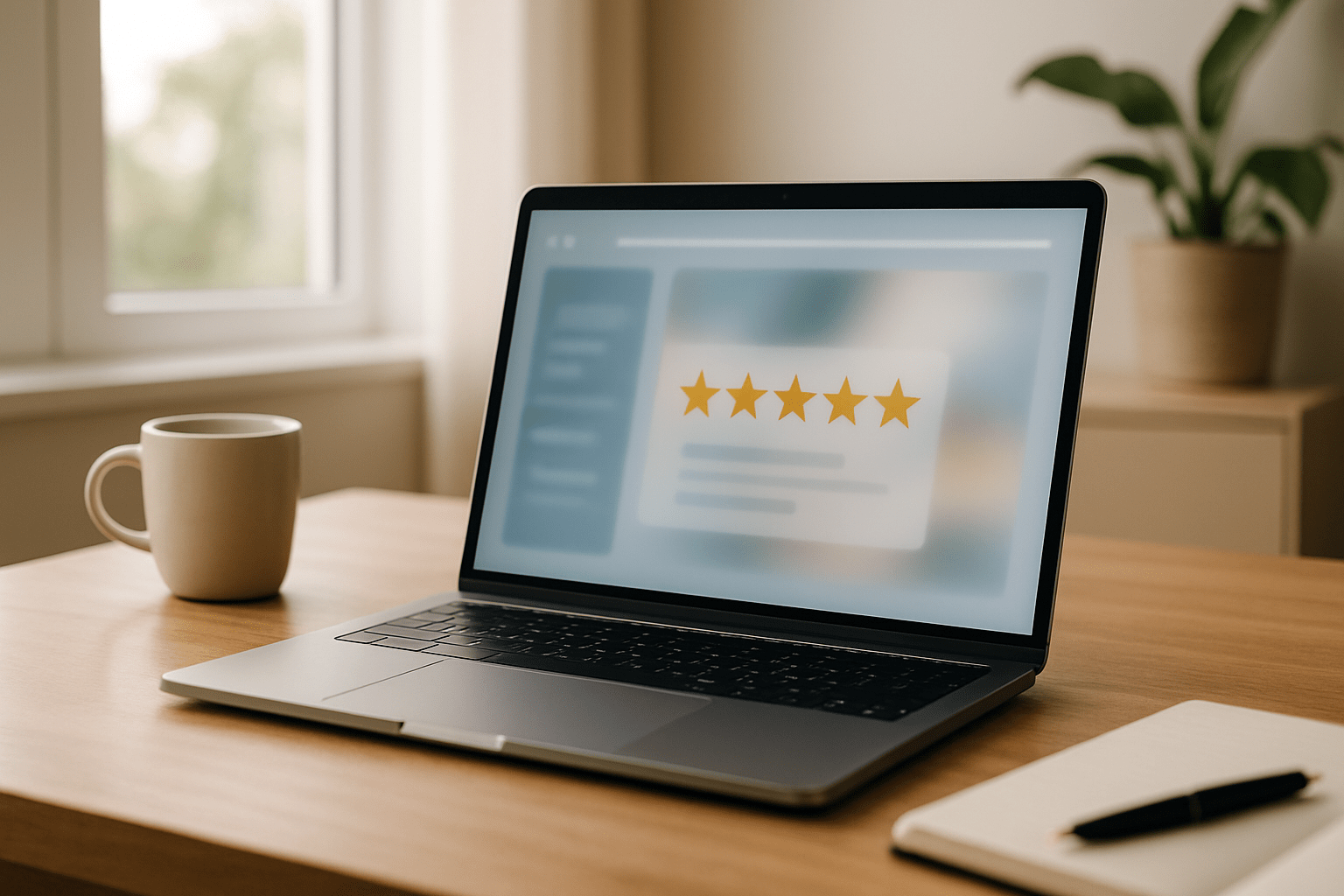 Ordinateur portable affichant un avis 5 étoiles Google sur un bureau
