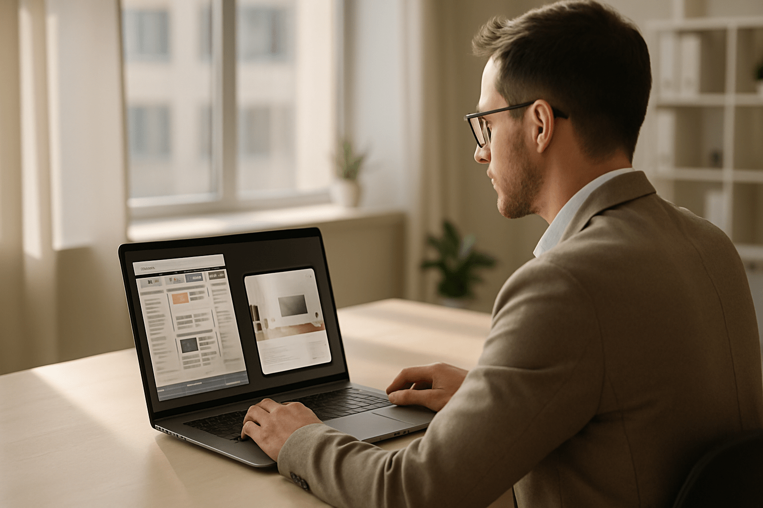 Chef d'entreprise comparant l'ancien design de son site internet au nouveau sur son ordinateur portable