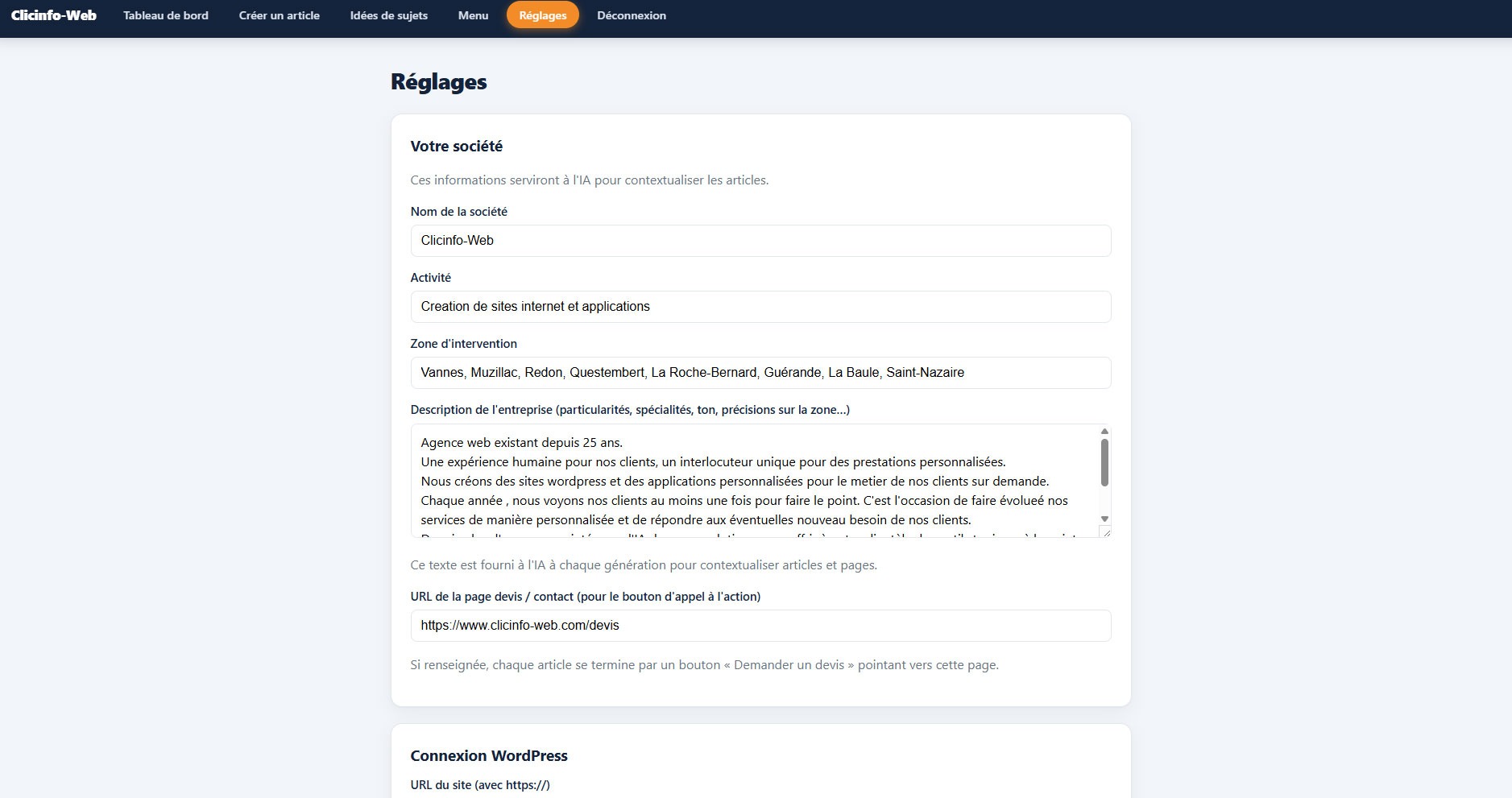 Page de réglages personnalisés selon le métier et le secteur d'activité dans Gérermonsite
