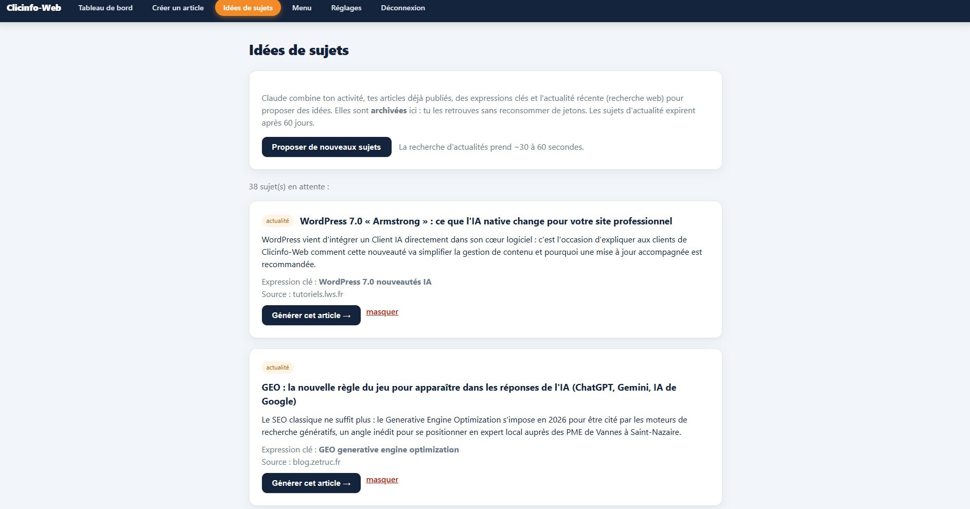Suggestions de sujets d'articles proposées par l'application Gérermonsite