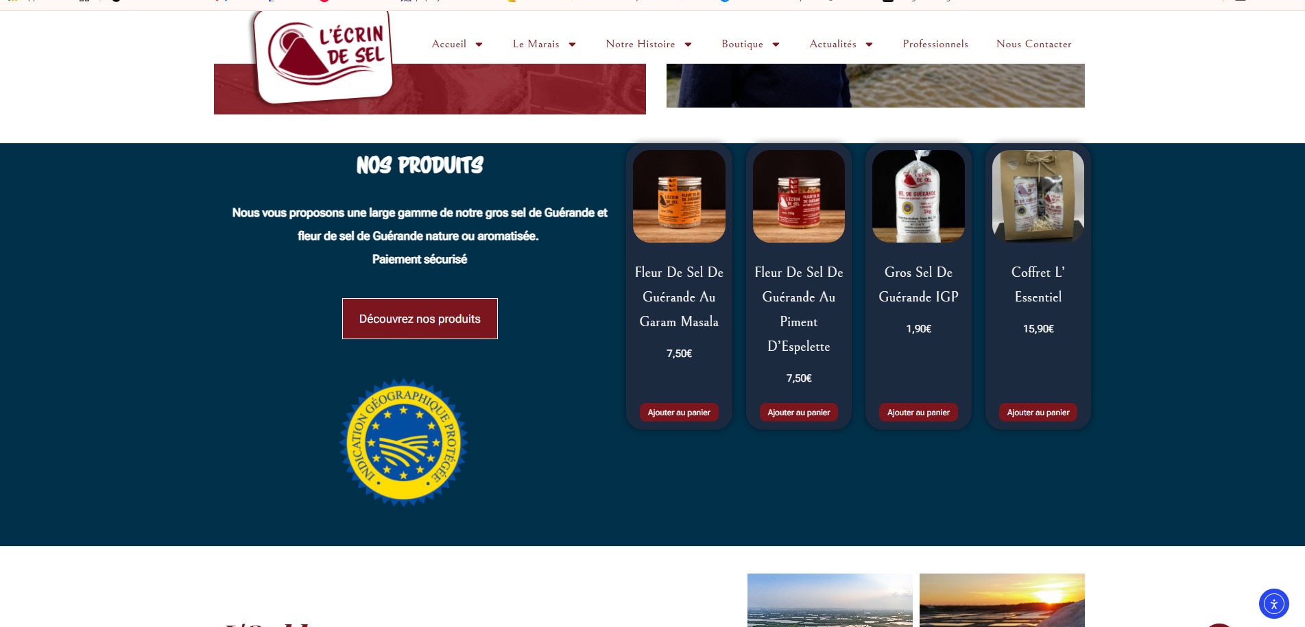 Page boutique en ligne du site L'Écrin de Sel présentant fleur de sel et gros sel de Guérande