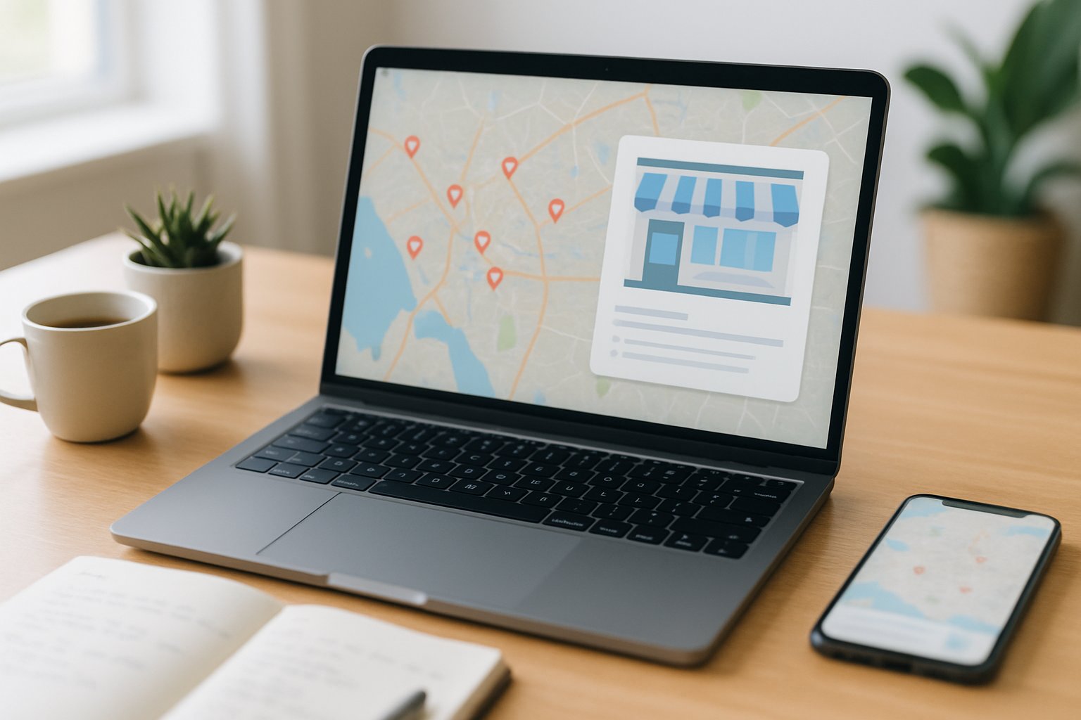 Ordinateur portable affichant une carte avec fiche établissement Google Maps pour un commerce local