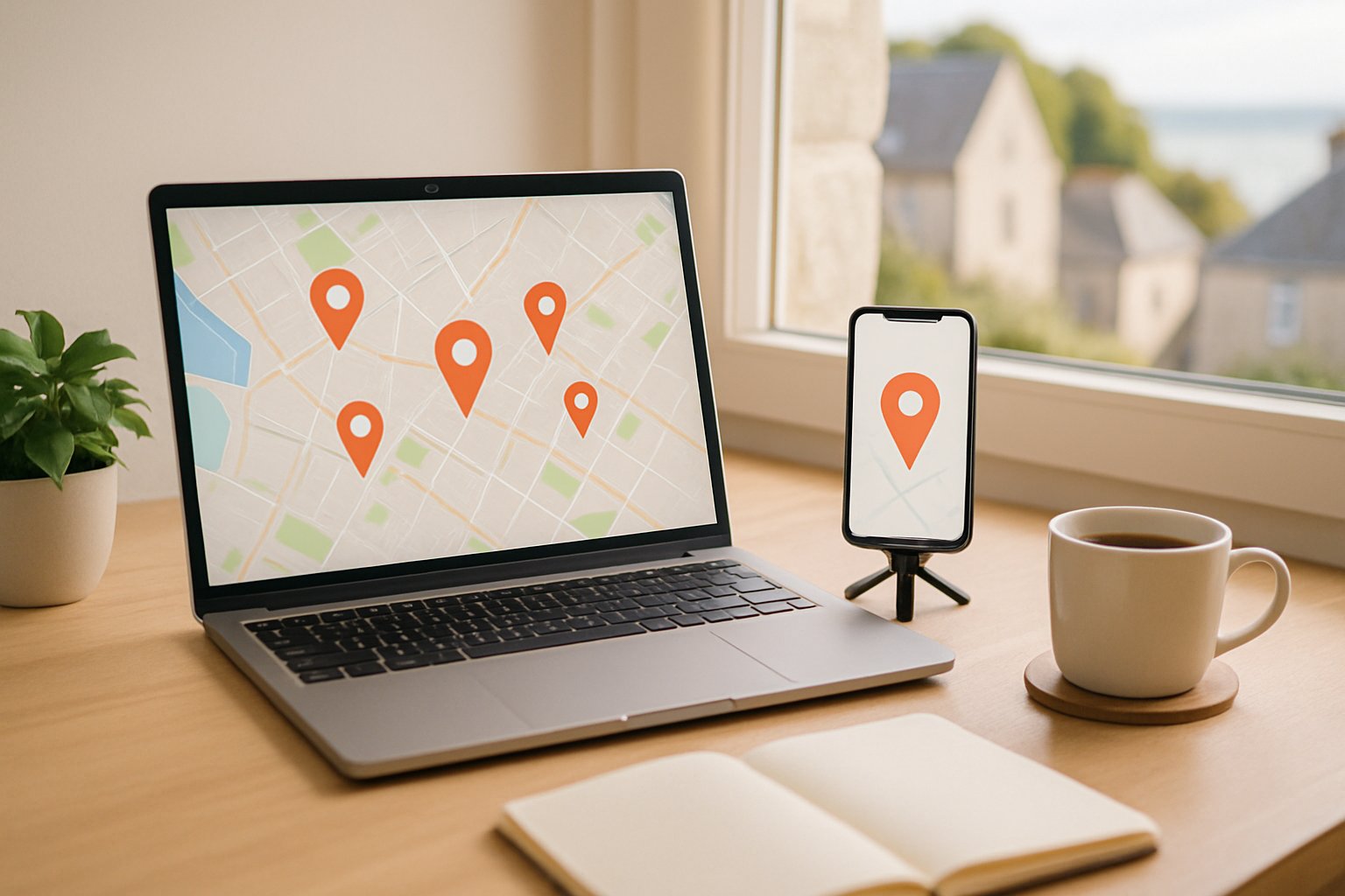 Smartphone et ordinateur affichant des repères de localisation Google pour le référencement local