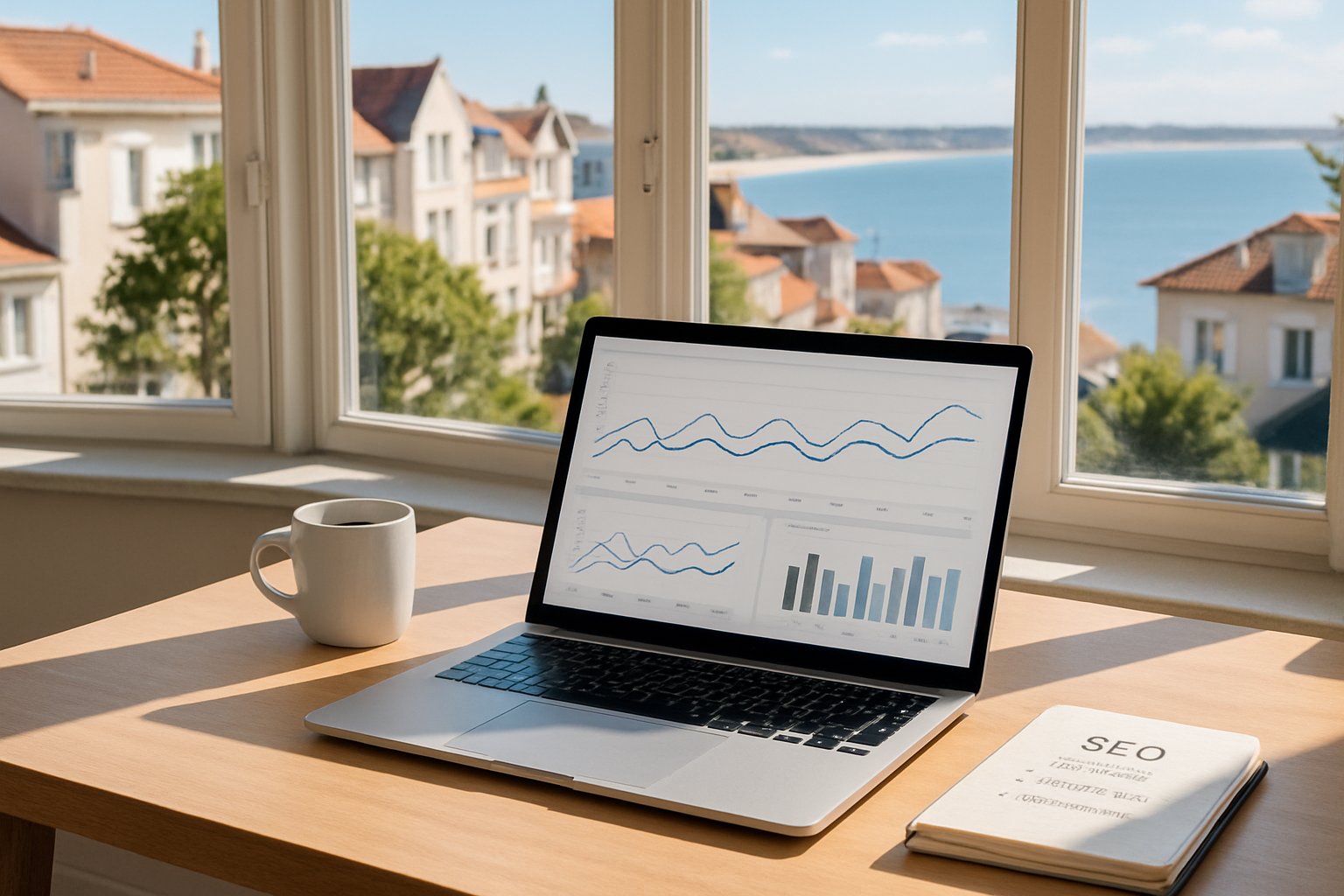 Ordinateur portable affichant des statistiques SEO avec vue sur la mer à La Baule