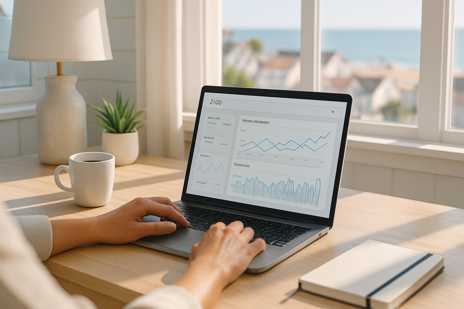 Mains sur un clavier consultant un tableau de bord SEO face à la côte de la presqu'île guérandaise