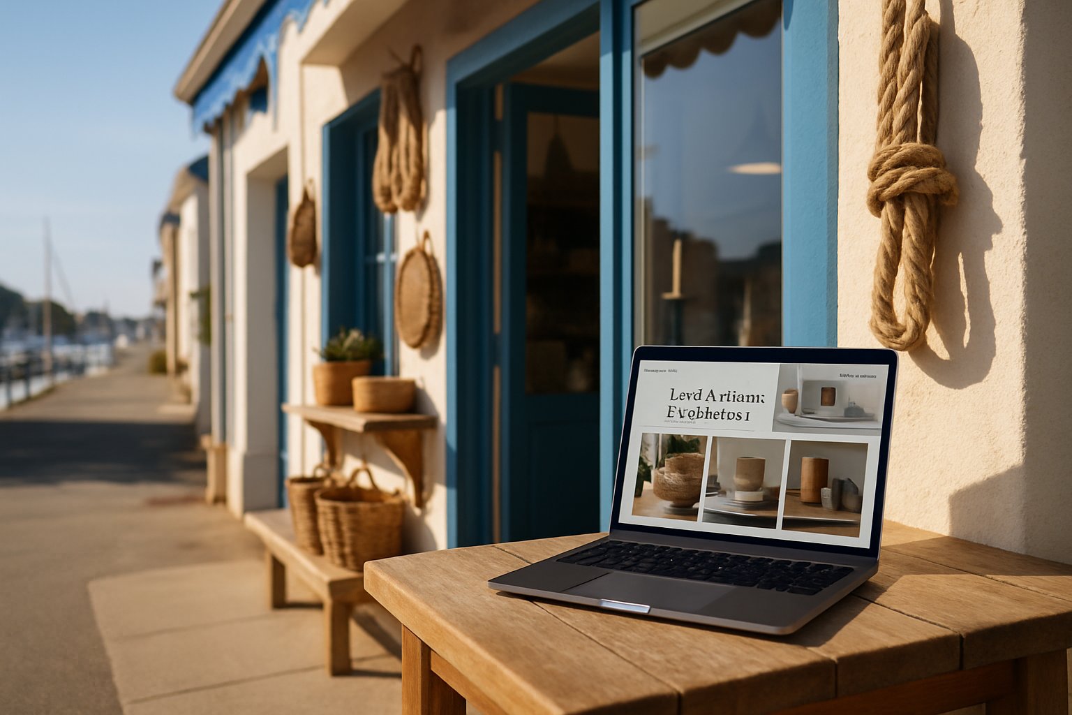 Site internet affiché sur un ordinateur devant une devanture de commerce bord de mer au Pouliguen
