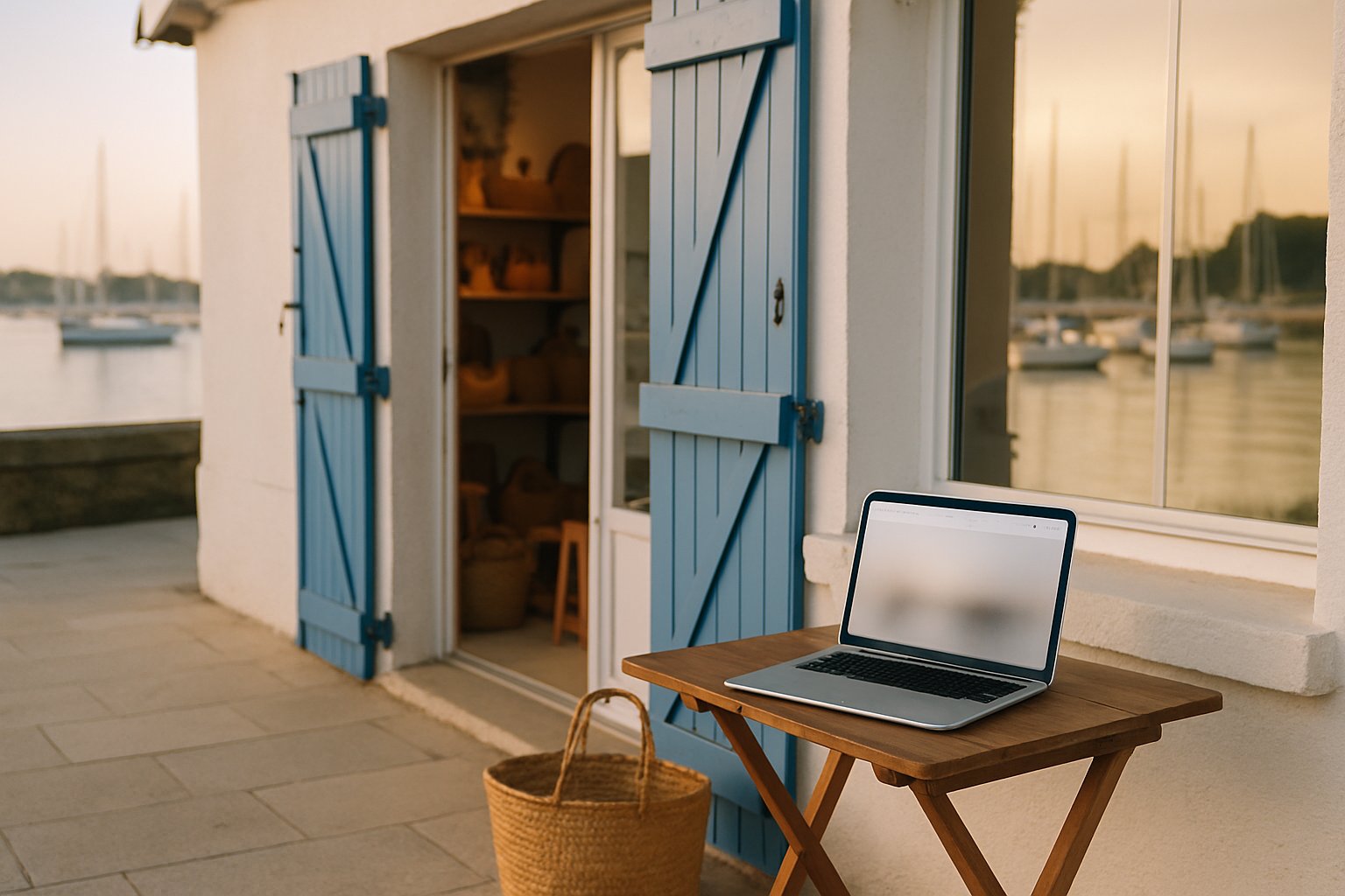 Ordinateur portable posé sur une table en bois devant une boutique aux volets bleus au Pouliguen