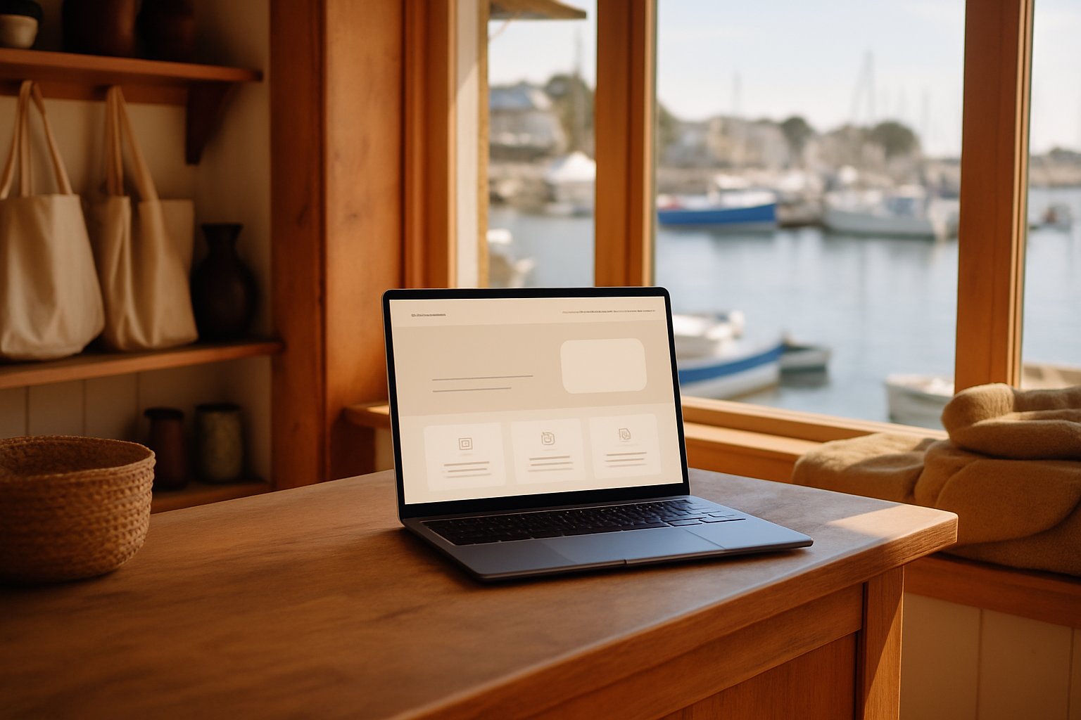 Site vitrine sur ordinateur portable avec vue sur le port du Pouliguen en arrière-plan