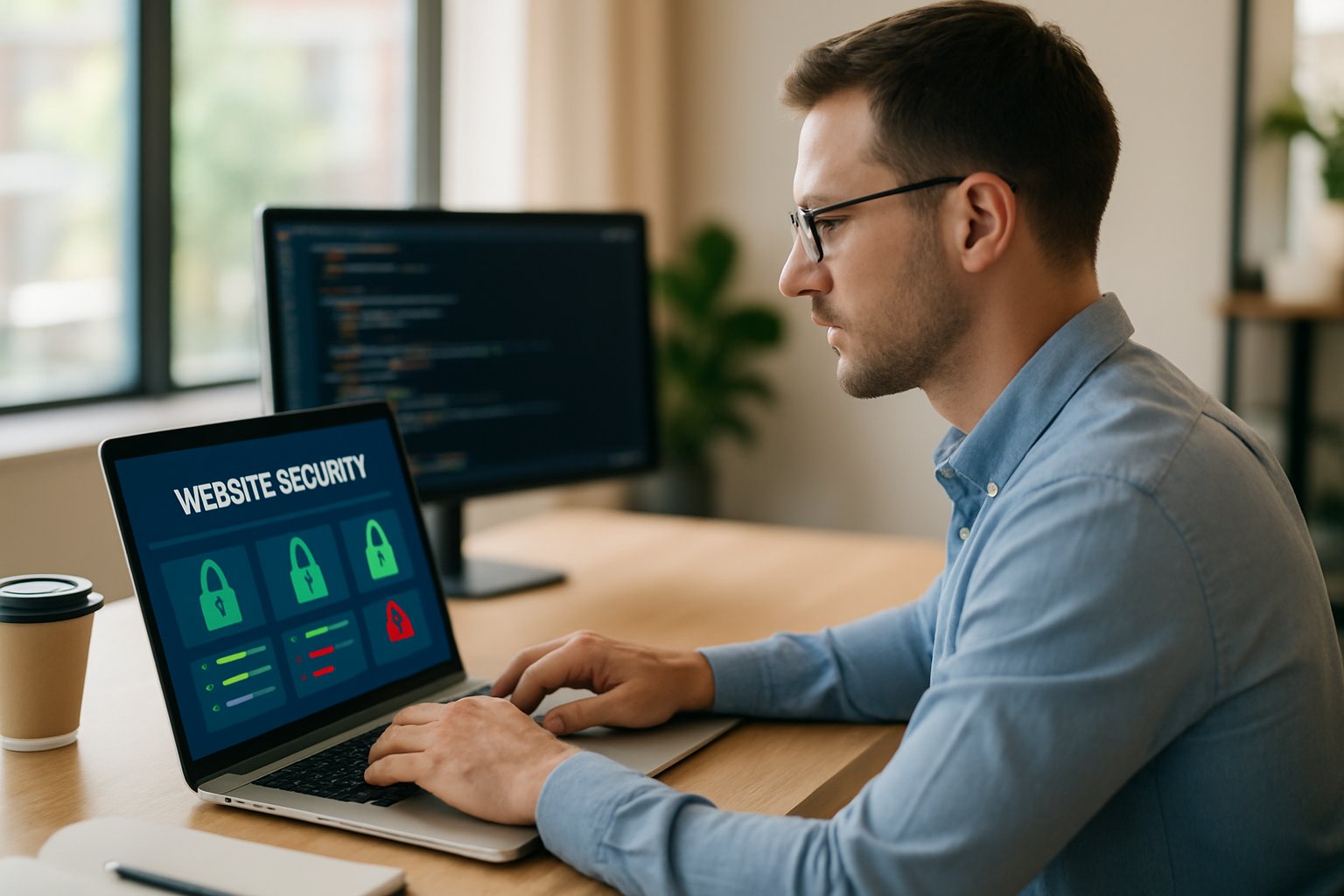 Professionnel vérifiant la sécurité de son site WordPress sur un ordinateur portable