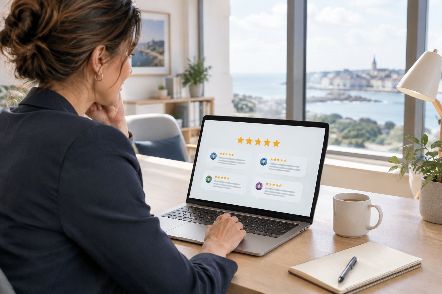 Professionnelle consultant des avis clients avec étoiles sur son ordinateur portable face à la mer