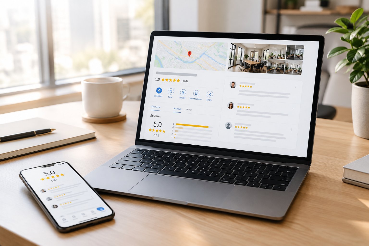 Fiche Google Business Profile avec note 5 étoiles, avis clients et photos sur ordinateur et smartphone